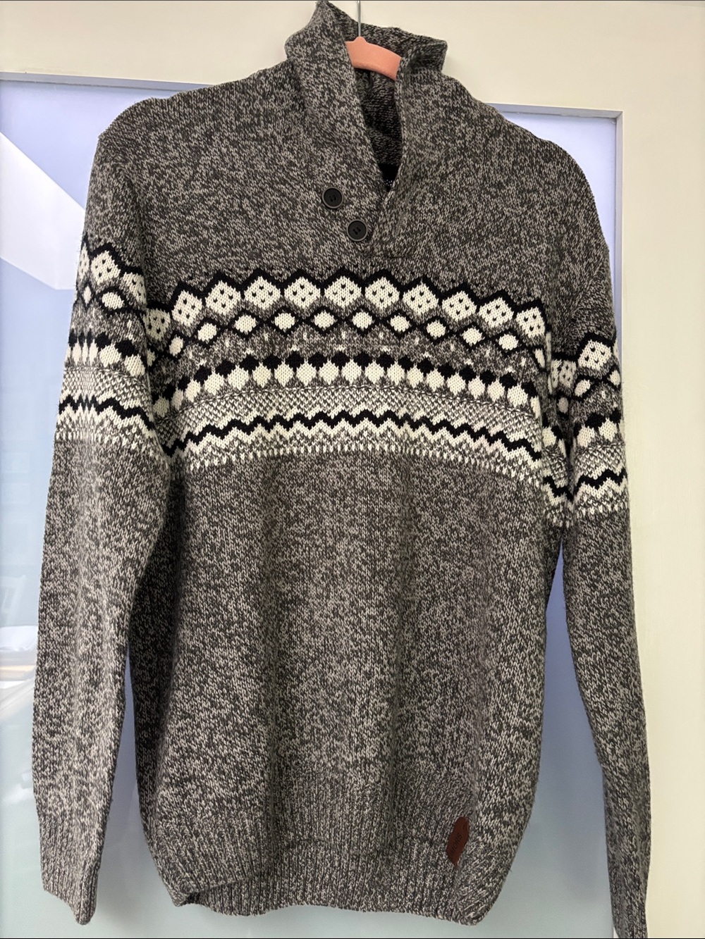 Men's Grey Fair Isle Shawl-Collar Sweater